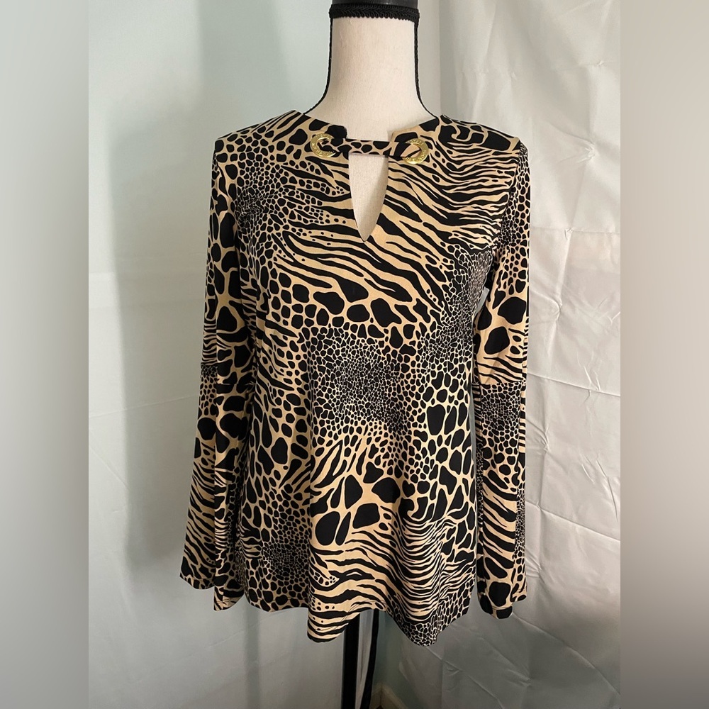 Michael Kors Animal Print Blouse Womens Small Tan Black Keyhole Gold Hardware